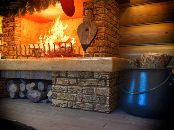 Ilustración 3D Nuevo año interior con chimenea en la casa de un tronco . — Foto de Stock