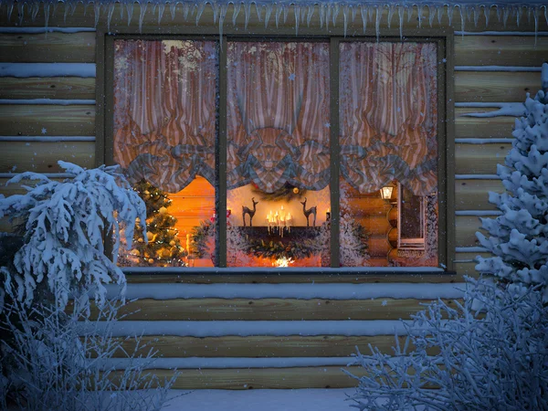 Visualizzazione 3D di un interno di Natale da un abbattimento di finestra di casa — Foto Stock