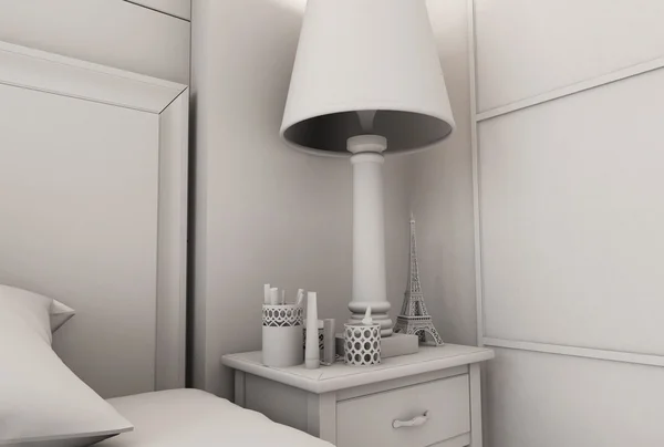 Ilustración 3D de un dormitorio de estilo moderno sin texturas ni materiales —  Fotos de Stock