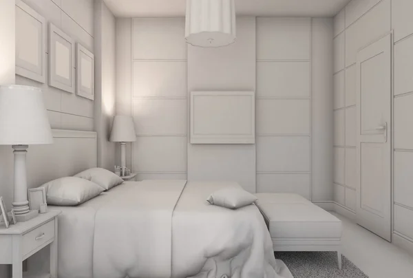 Ilustración 3D de un dormitorio de estilo moderno sin texturas ni materiales —  Fotos de Stock