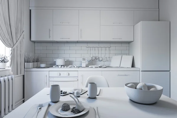 3D иллюстрация дизайна кухни в современном стиле без текстур и материалов — стоковое фото