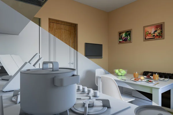 3D illustratie van het ontwerp van de keuken in een moderne stijl, een mix van foto's zonder texturen en materialen en shaders — Stockfoto