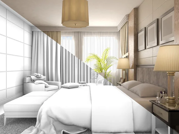 Ilustración 3D del diseño de un dormitorio en color y sin texturas ni materiales —  Fotos de Stock