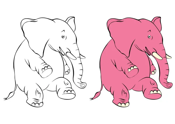 Ilustración de un elefante rosa alegre. El elefante cuesta en una pierna trasera y sonríe — Vector de stock