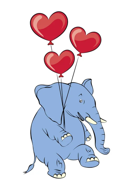 Ilustración de un elefante rosa alegre con globos en forma de corazón — Vector de stock