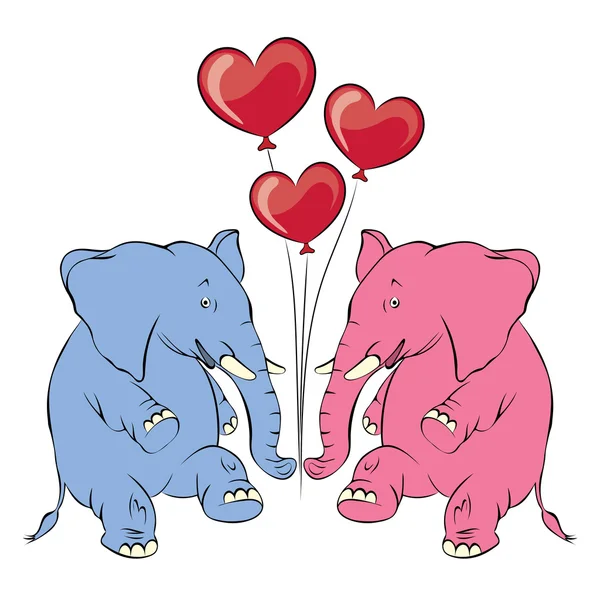 Illustration of a cheerful pink elephant with balloons in the form of heart — Stock Vector
