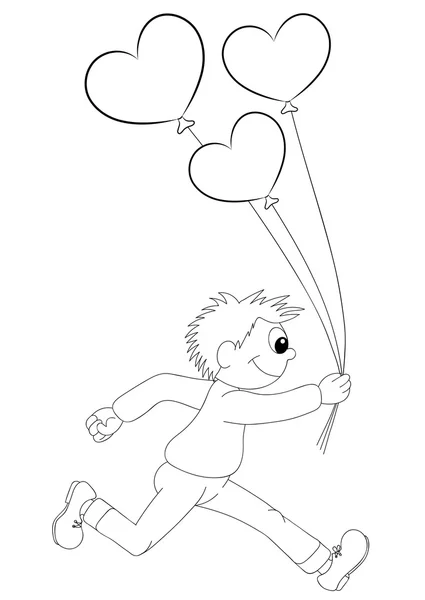 Ilustración de un niño de dibujos animados corriendo con globos en la forma — Vector de stock