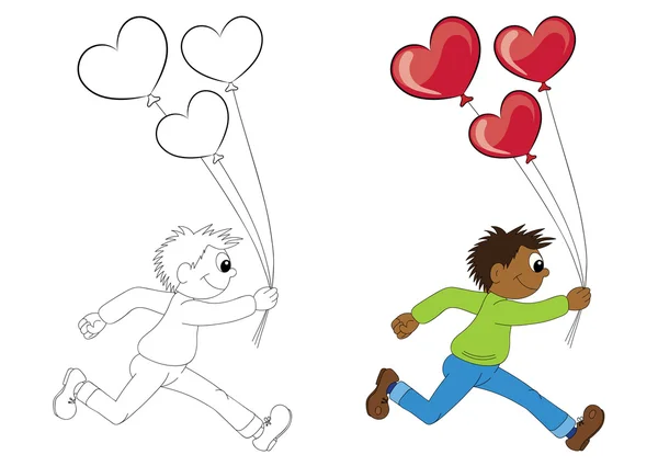 Ilustración de un niño africano de dibujos animados corriendo con globos en forma de corazón . — Vector de stock