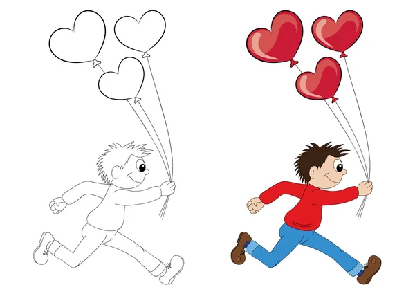Ilustración de un niño de dibujos animados corriendo con globos en forma de corazón . — Vector de stock