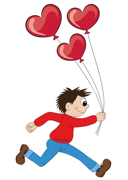 Ilustración de un niño de dibujos animados corriendo con globos en forma de corazón . — Vector de stock