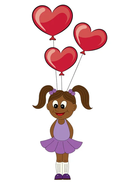 Ilustración de una chica africana de dibujos animados con globos en forma de corazón — Vector de stock