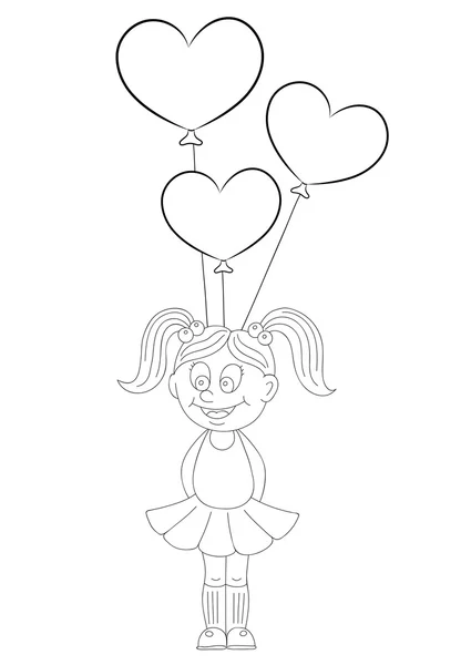 Ilustración de una chica de dibujos animados con globos en forma de corazón — Vector de stock