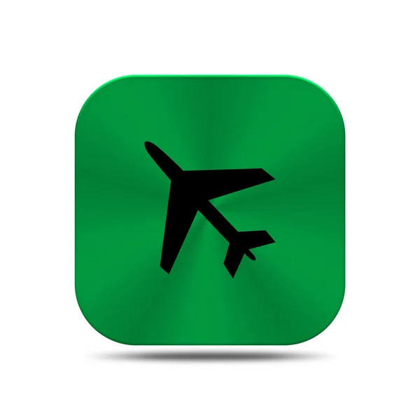 Πράσινο κουμπί μέταλλο με αεροπλάνο εικονίδιο — Φωτογραφία Αρχείου
