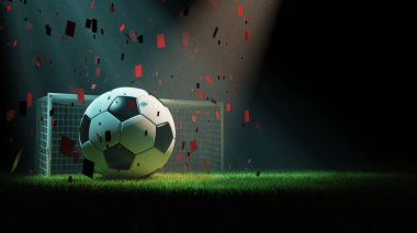 Futbol topu, kale direği ve çimen, 3D yorumlama.