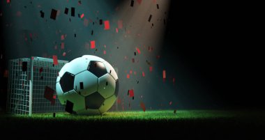 Futbol topu, kale direği ve çimen, 3D yorumlama.