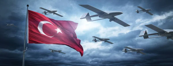 トルコ軍の戦闘ドローン 想像上の無人航空機がモデル化されレンダリングされます ロイヤリティフリーのストック写真