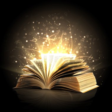Opened magic book with magic lights clipart