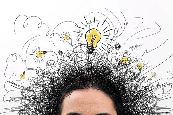 Thinking people with question signs and light idea bulb above — Stock Photo, Image