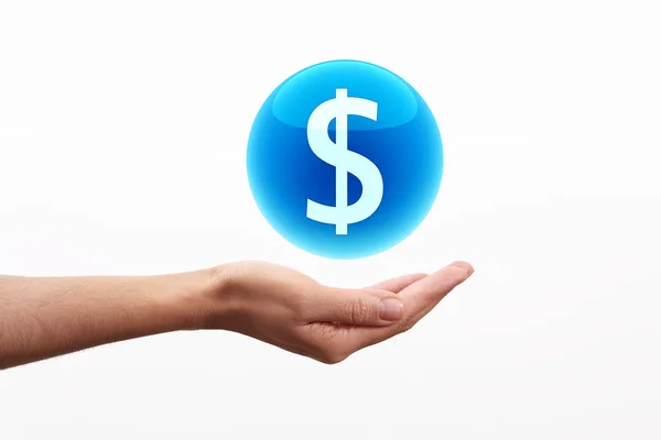 Dollar Symbol in Blue sphere on hand — Stock Photo, Image