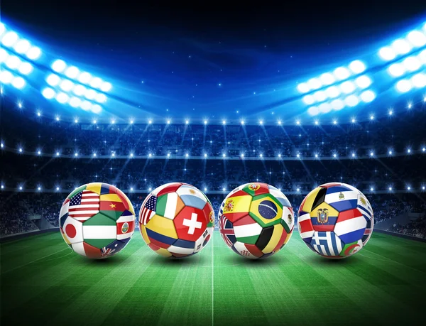 Pallone da calcio 3D con bandiere delle squadre delle nazioni — Foto Stock
