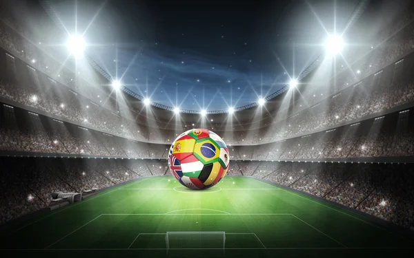 Stadium and soccer ball with nations teams flags — Stock Photo, Image