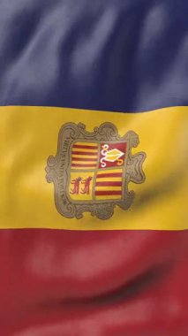 Dikey 16: 9 Biçiminde Andorra Bayrağını Dalgalamak, 3D Görüntüleme Arkaplanı.