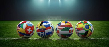 Stadyumda bayraklarla kaplı toplar.