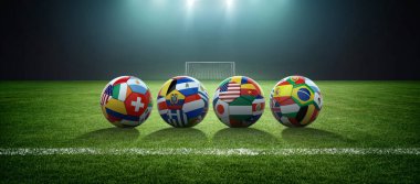 Stadyumda bayraklarla kaplı toplar.