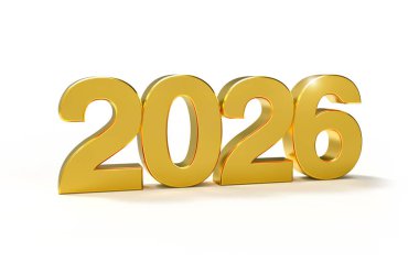 Beyaz arkaplanda altın 2026 haneli, 2026 takvimi ve kutlaması için 3D çizim.