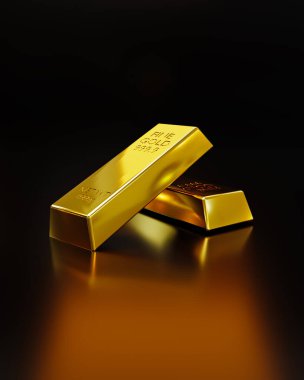 3 boyutlu görüntüleme. Siyah arka planda iki altın külçe, Business Gold World finansal konsepti.