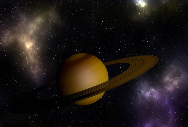 Unknown planet with rings in yellow tones. Space exploration.Elements of this image furnished by NASA