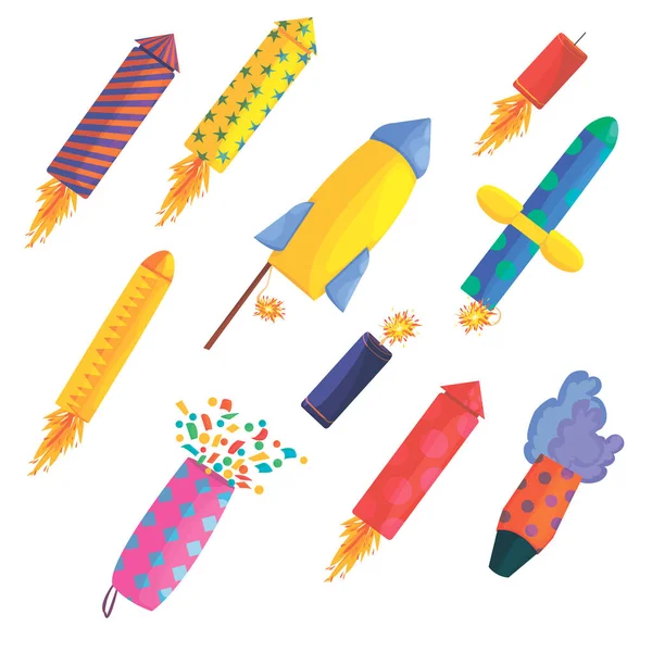 Cohetes Voladores Fuegos Artificiales Iconos Multicolores Aislados Sobre Fondo Blanco — Archivo Imágenes Vectoriales