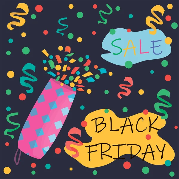 Krakerin konfeti arka planında afiş indirimi var. Tatil süslemeleri. İndirim ve satış sezonu. vektör