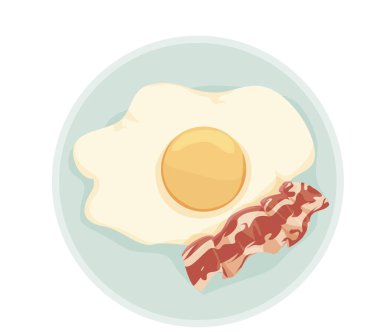 Bir dilim kızarmış pastırmalı sahanda yumurta. Bir yumurta sarısı ile çırpılmış yumurta. Kızarmış domuz. Vektör simgesi izole edildi. Restoran ve kafe menüsü için çırpılmış yumurta. ev mutfağı