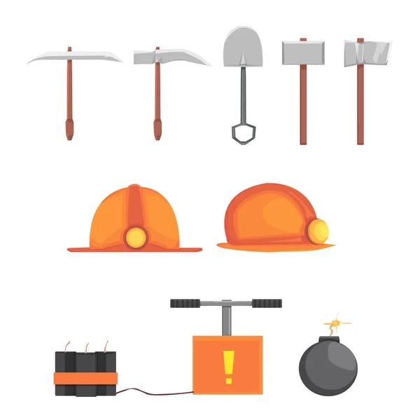 Beyaz arka planda, miğfer, kürek, balta, balta, kazma, dinamit gibi bir dizi inşaat malzemesi var. düz dizayn. Vektör izole. fabrika endüstrisi
