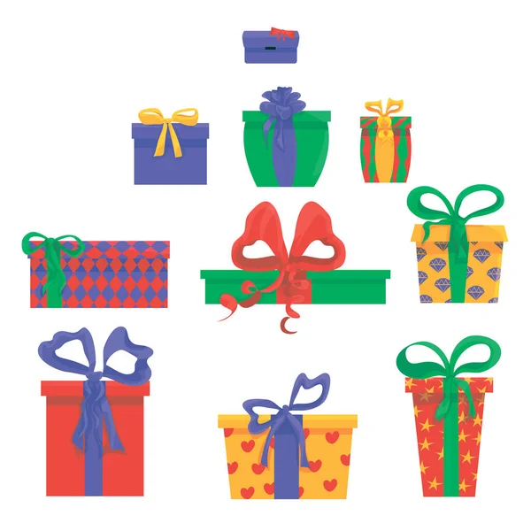 Beyaz arkaplanda saten fiyonklu çok renkli hediye kutularının simgelerini ayarla. Noel ağacı altında Noel için dekoratif hediyeler. Tatil için hediyeler: doğum günü, sevgililer günü, yeni yıl. vektör izole