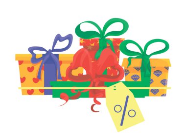 Yakınlarda hediye kutularıyla yüzde işareti olan ikon satış etiketi. Hediye kartı, hediye kazanmak için sadakat programı, daha fazla indirim, sosyal yardım konsepti. Vektör. Hediye ve etiket ikonuyla alışveriş. Kara Cuma indirim afişi veya kuponu.