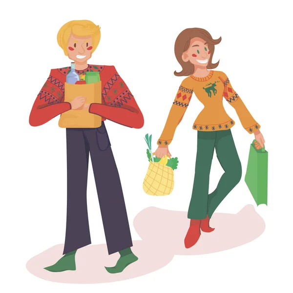 Erkek ve kadın alışverişte. Ürün satın alma konsepti. Bir erkek alışveriş poşeti taşır, bir kadın beyaz arka planda bir alışveriş çantası ve hediye çantası taşır.