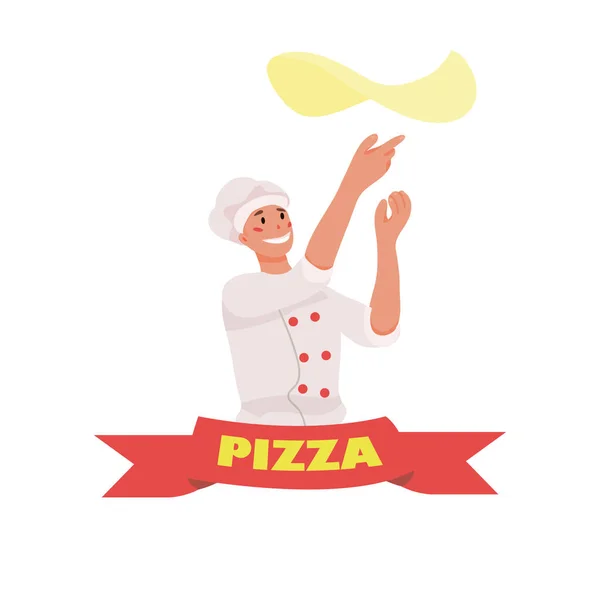 Pizzeria Logo Mit Einem Koch Der Den Teig Dreht Band — Stockvektor