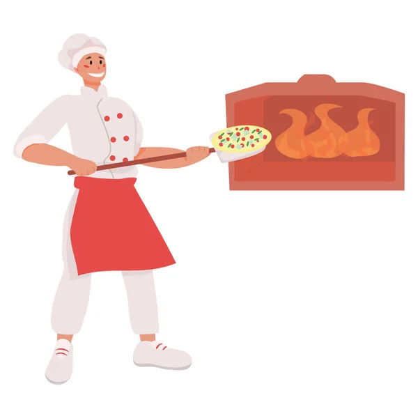 Pizzaiolo pizzayı ateşle birlikte taş fırına koyar. Pizzacı işi. Pizzacı. Pizza vektör illüstrasyonu. kafe ve restoran kavramı