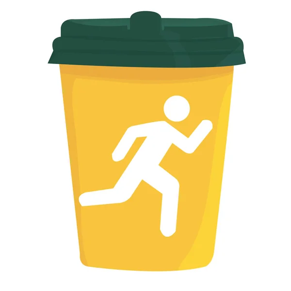 İçinde koşan bir adamın resmi olan plastik bir fincan kahve. Şablon. Kahve konsept olsun. Paket servis içecekleri. Tek kullanımlık sarı kahve fincanı. Vektör düzlüğü izole