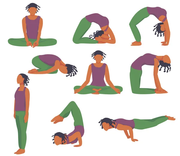 9 yoga pozu. Zenci kız yoga yapıyor. esneme egzersizleri. Spor konsepti. Talimatların sembolü. Yoga hocası. Vektör. izole.