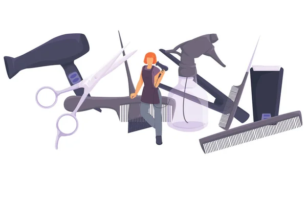 Güzellik salonu kavramı. Kuaför kuaför kuaförlük ve saç kesim aletleriyle çevrilidir. Berber dükkanı. Kuaförlük. yatay şablon. Vektör düzlüğü web sayfası.
