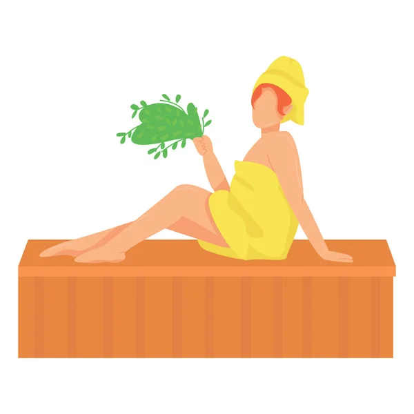 Bornozlu bir kız ve elinde banyo süpürgesi olan bir havlu beyaz bir arka planda saunada oturuyor. Vektör düzlüğü dinlenme ve hijyen. Sauna ve banyo konsepti. Finlandiya banyosu. Rus saunası.