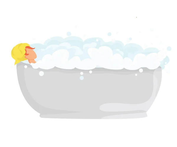 Kızıl saçlı kız, beyaz arka planda bol köpükle banyo yapıyor. Vektör düzlüğü dinlenme ve hijyen. Evde dinlen..