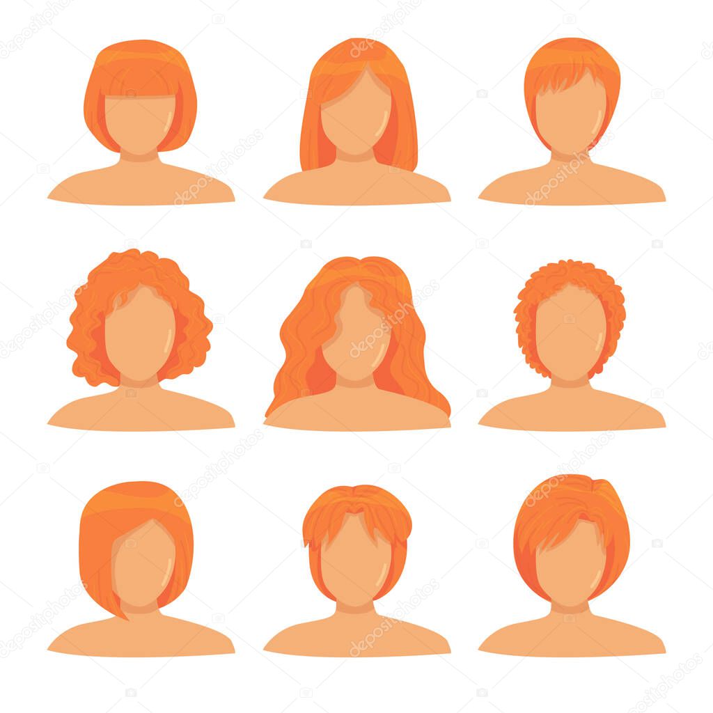 nine different hairstyles. different types of hair: straight and curly, long and short hair. barbershop concept. set of icons of  different hair styling. vector flat. isolated. cartoon