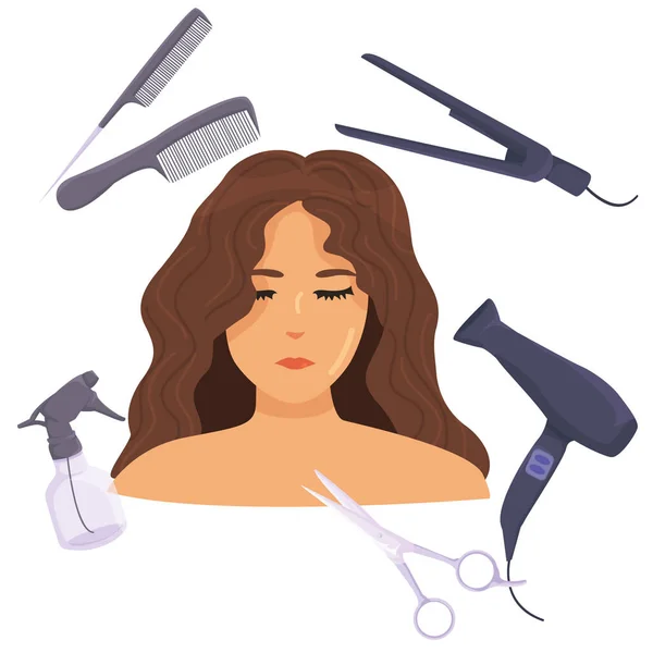 Saç şekillendirme konsepti. Kuaför salonu servisi. Kız kesilir ve saçı şekillendirilir. Bir kızın portresi, etrafta aletler, saç kurutma makinesi, tarak, makas. vektör düzlüğü.