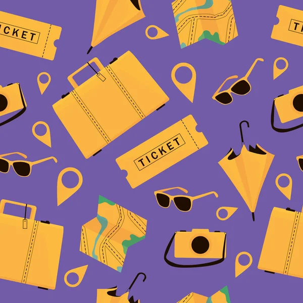Mor arka planda gezgin bavulu olan desen. Tren bileti, bavul, kamera, harita. Tur aksesuarları. vektör düzlüğü.