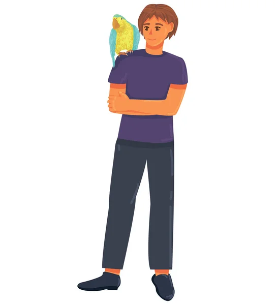 Omzunda mavi ve sarı papağan olan adam. Evcil hayvan sahipleri mutlu. Evcil hayvan dükkanı. Egzotik hayvanlar. Ara ararauna. Vektör düzlüğü izole