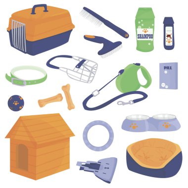 Köpekler için aksesuar ve hijyen malzemeleri. Hayvanlar için aksesuarlar: tarak, pire şampuanı, ağızlık, tasma, köpek kulübesi, besleyiciler, taşıyıcılar, temizlik kepçesi, beşik, oyuncaklar, top, tasma. Vektör düzlüğü izole